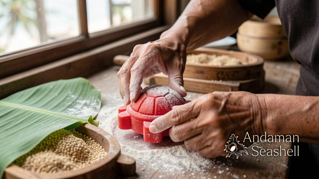 Hands shaping red turtle cakes in a small Phuket bakery