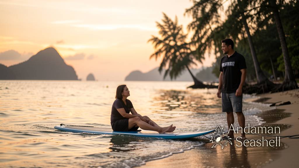 นักเดินทางนั่งสงบบนบอร์ดริมทะเลพังงา โดยมีโค้ชยืนอยู่ใกล้ ๆ