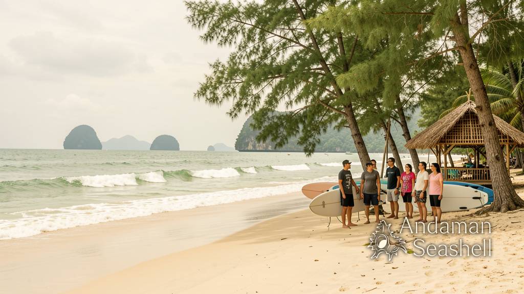 โค้ชเซิร์ฟและผู้ร่วมกิจกรรมยืนข้างบอร์ดบน Memories Beach