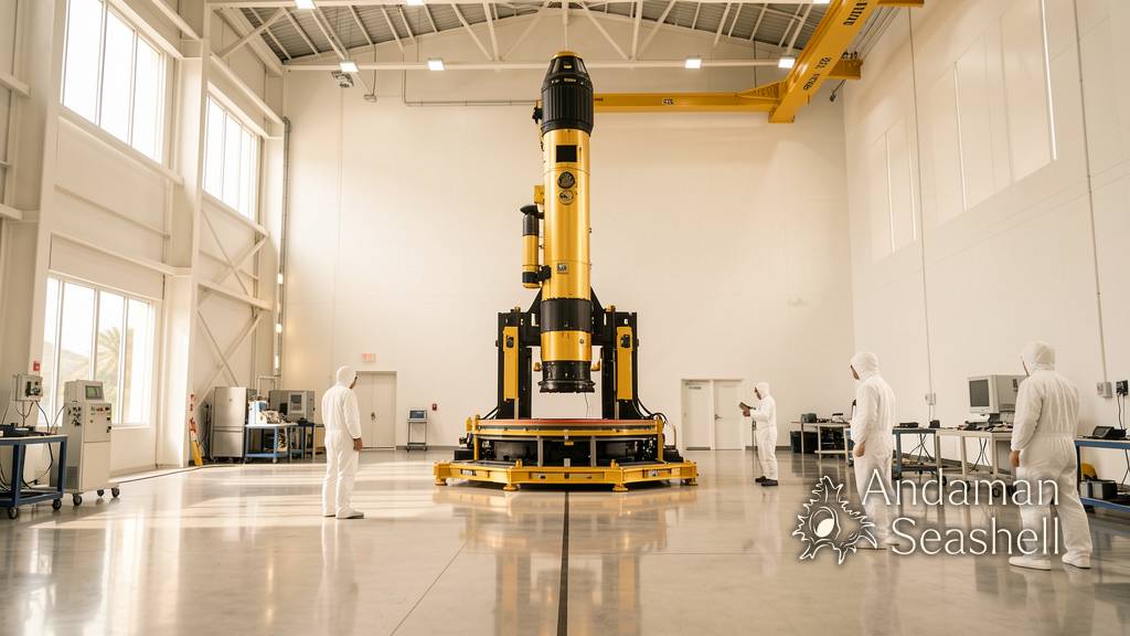 Roman telescope standing upright in a bright spacecraft processing high bay