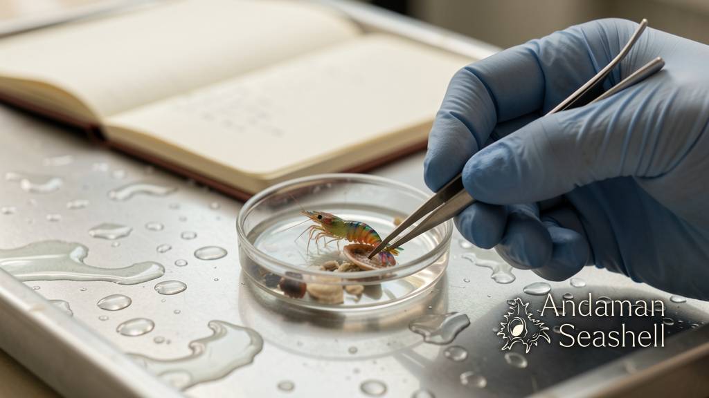 A close macro scene of a marine sample dish with a tiny shrimp, shell fragments and careful science tools