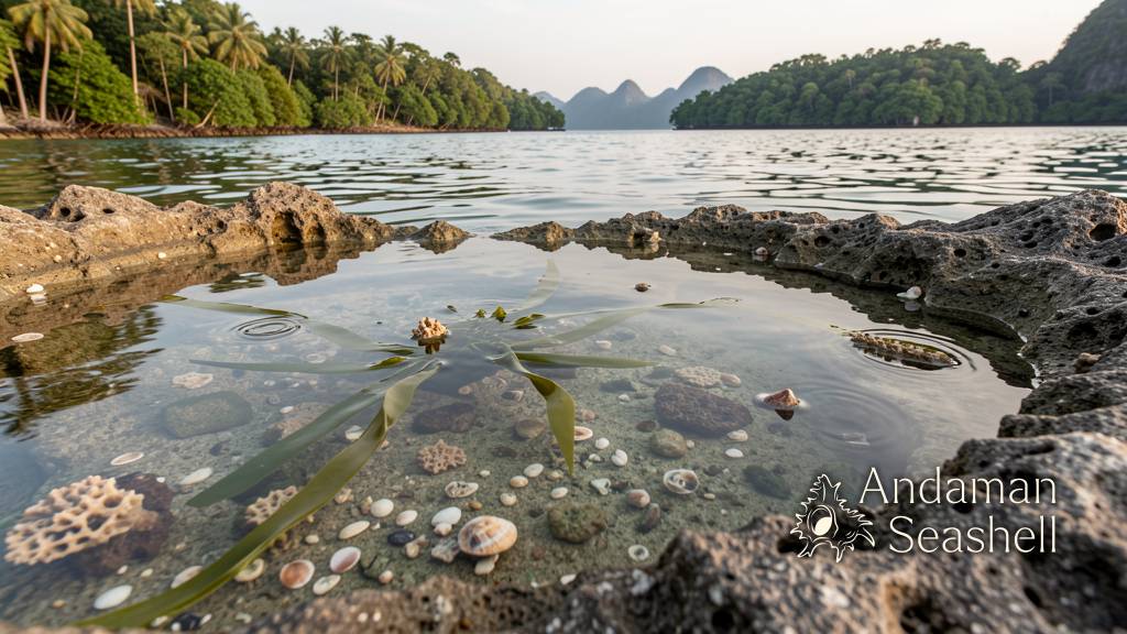 A clear Andaman tide pool with shells, seaweed, limestone and mangroves in morning light