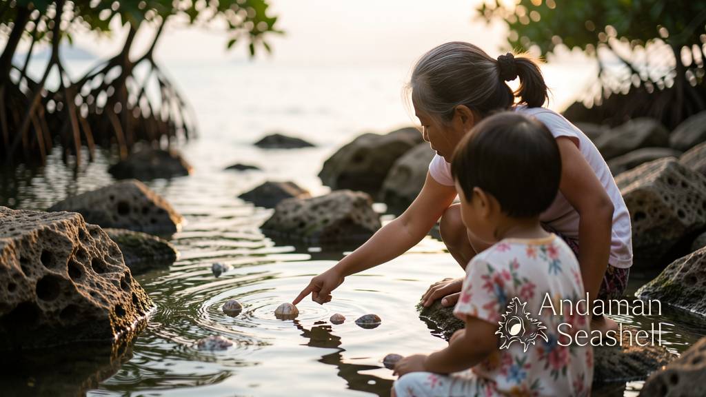 A Thai grandmother and child sharing a quiet tide-pool discovery beside the Andaman Sea in late afternoon