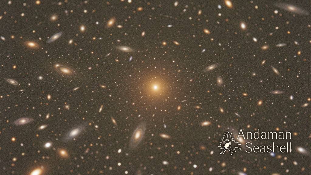 A tiny golden quasar dot appears among faint galaxies in a survey-like image