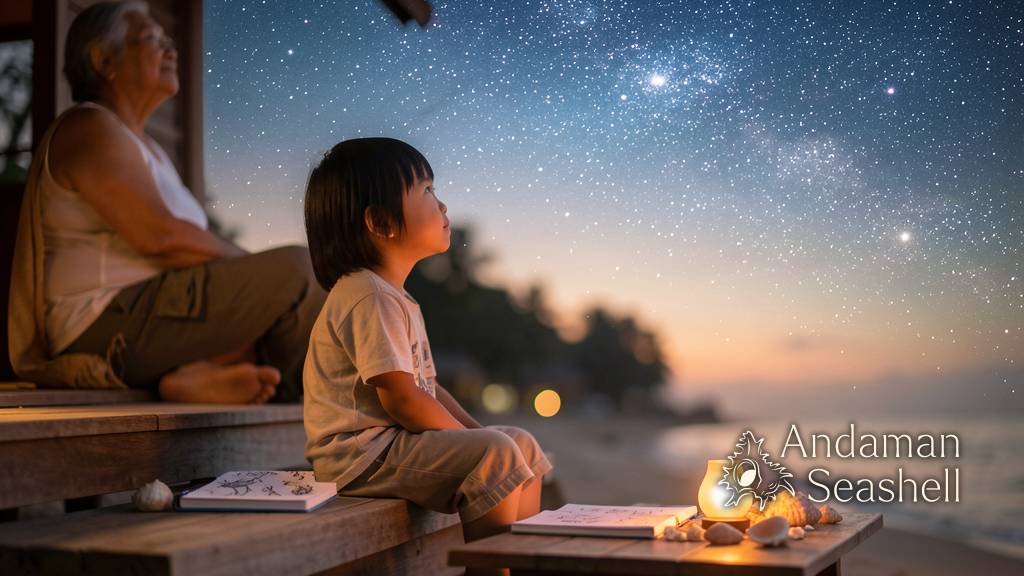 A grandparent and child share a quiet starwatching moment with shell keepsakes nearby