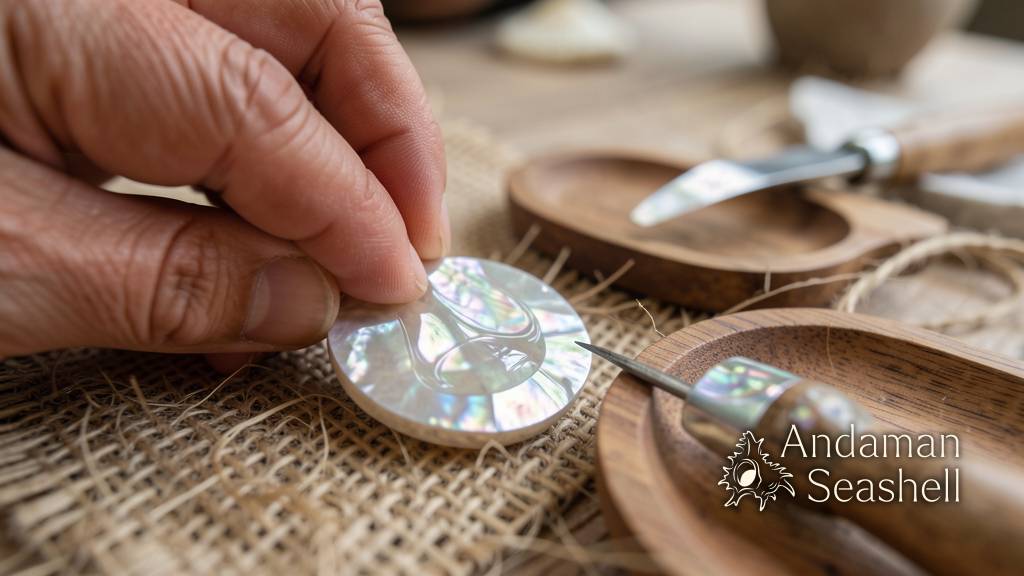 Close-up of artisan hands shaping a shell charm with warm natural light