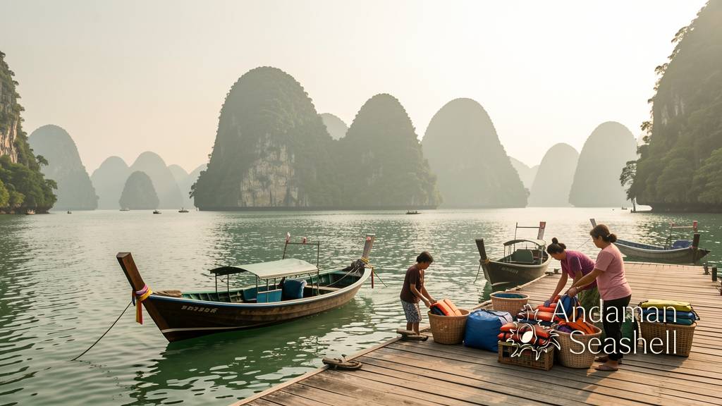 A Phang Nga morning pier with boats, limestone cliffs, and gentle green-season light