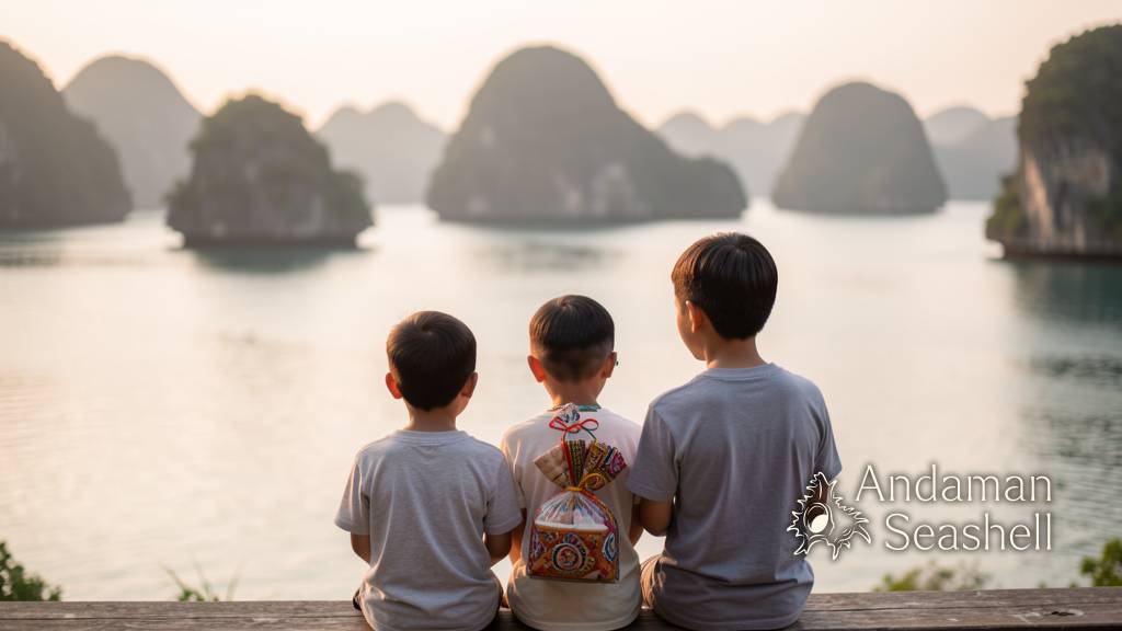 A family looking over Phang Nga Bay from Samet Nangshe in soft late-afternoon light