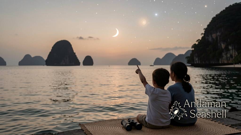 A predawn Andaman horizon with Moon and planets above calm water