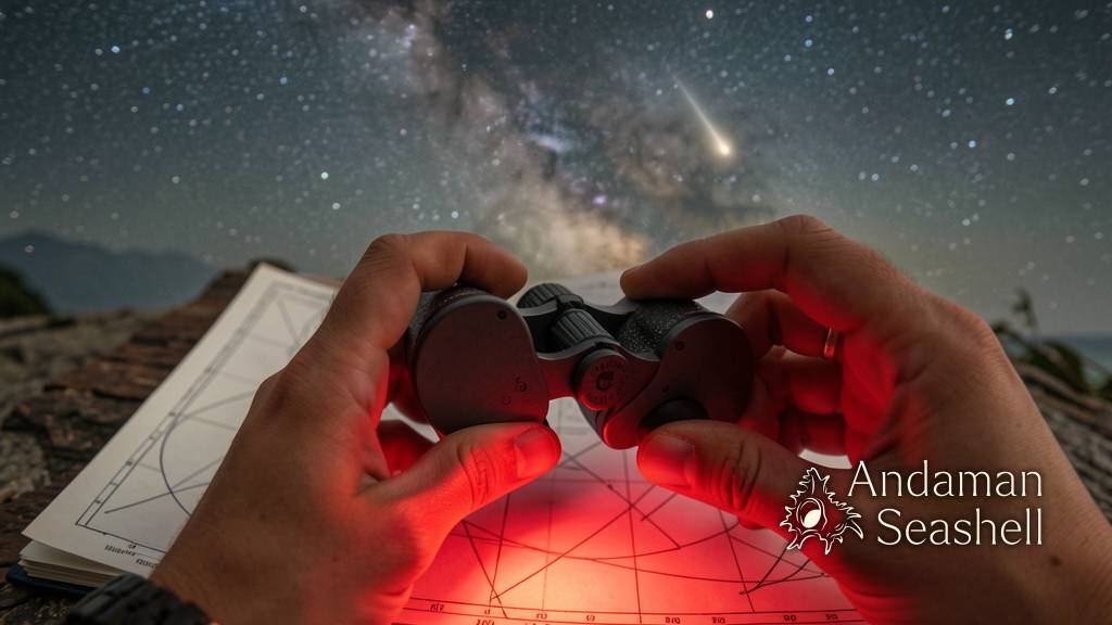 Hands adjusting binoculars beside a red-light skywatching setup