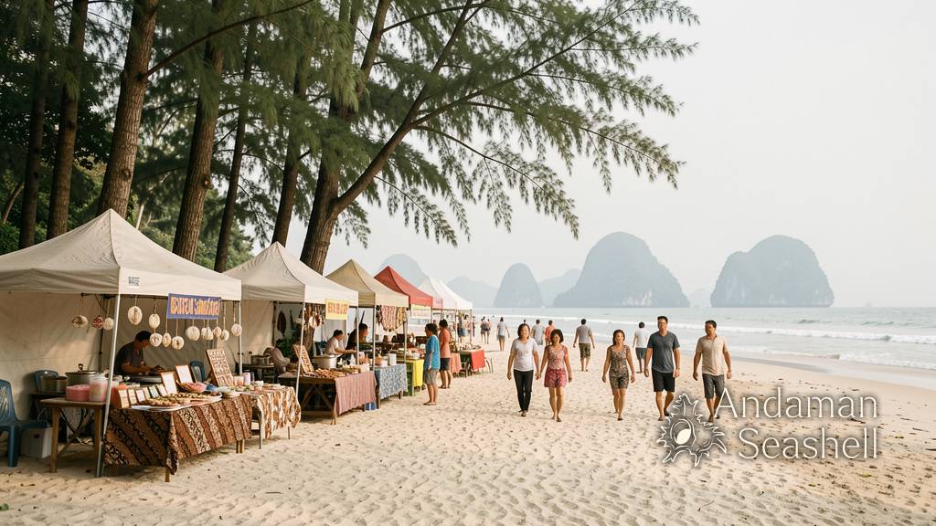ภาพกว้างของเทศกาลริมชายหาดพังงา มีร้านอาหาร โต๊ะงานคราฟต์ และครอบครัวเดินใกล้คลื่น