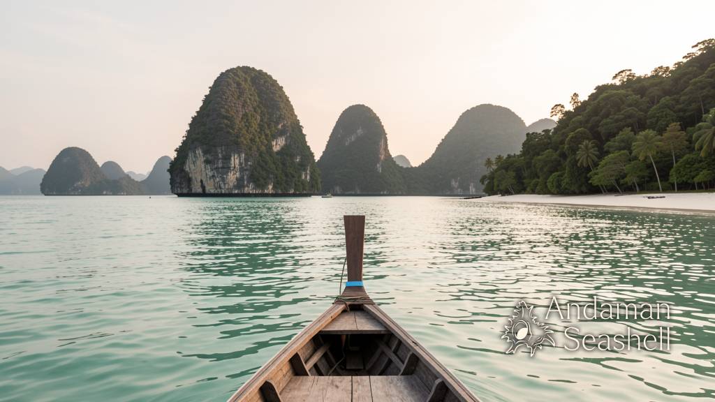 เรือหางยาวแล่นเข้าใกล้หาดเงียบสงบของเกาะลาวาใหญ่ในอ่าวพังงา