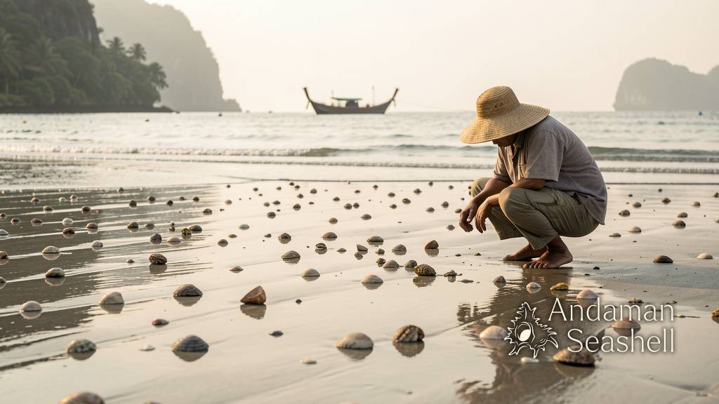 Natural shells scattered along a respectful Andaman low-tide walk