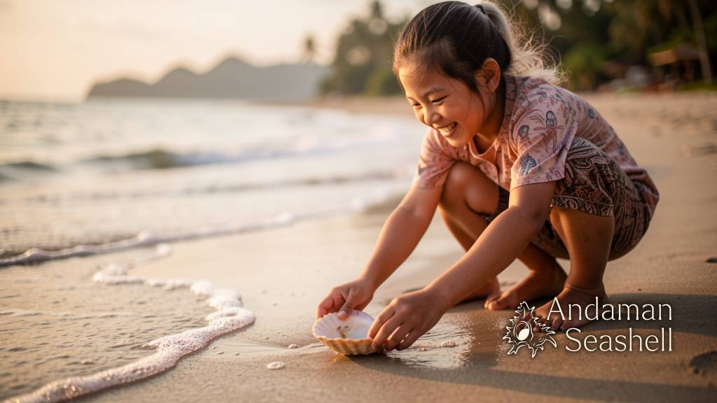 A family returns an empty shell to the Andaman tide with calm delight
