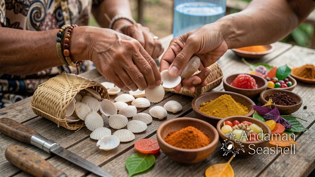 Hands arranging handmade shell ornaments and local products