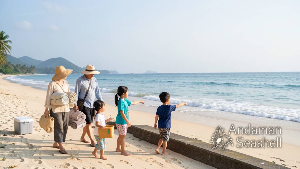 A Japanese family arriving at a bright summer beach for Marine Day