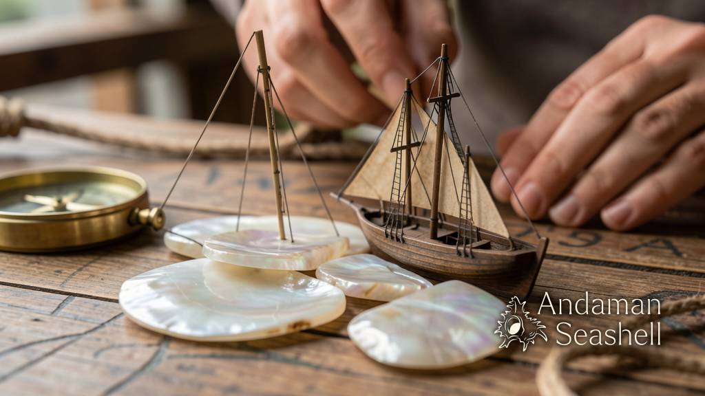 A model maritime ship and mother-of-pearl shell pieces on a wooden craft table