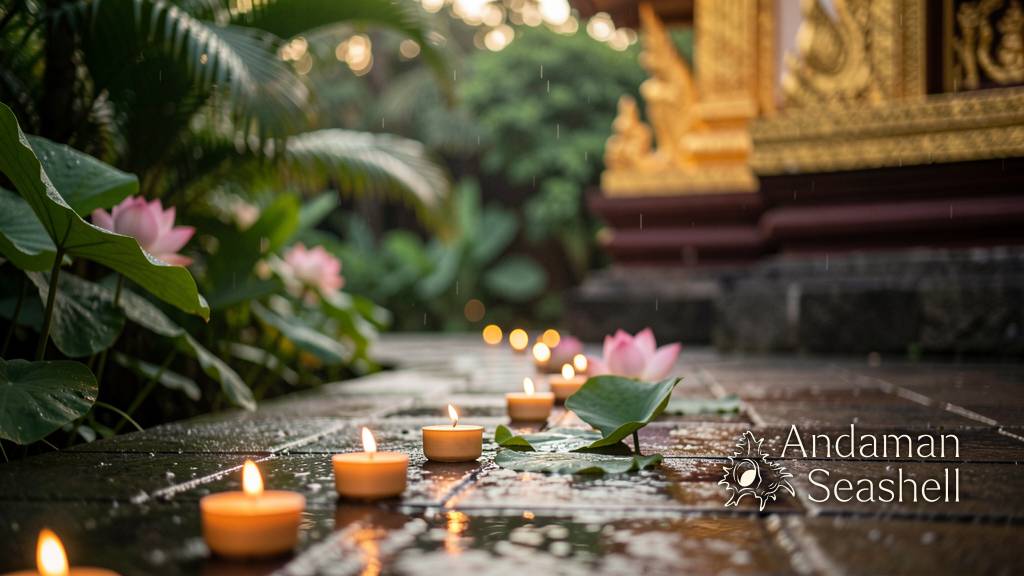 Candles and lotus flowers glowing quietly after a late-afternoon temple ceremony