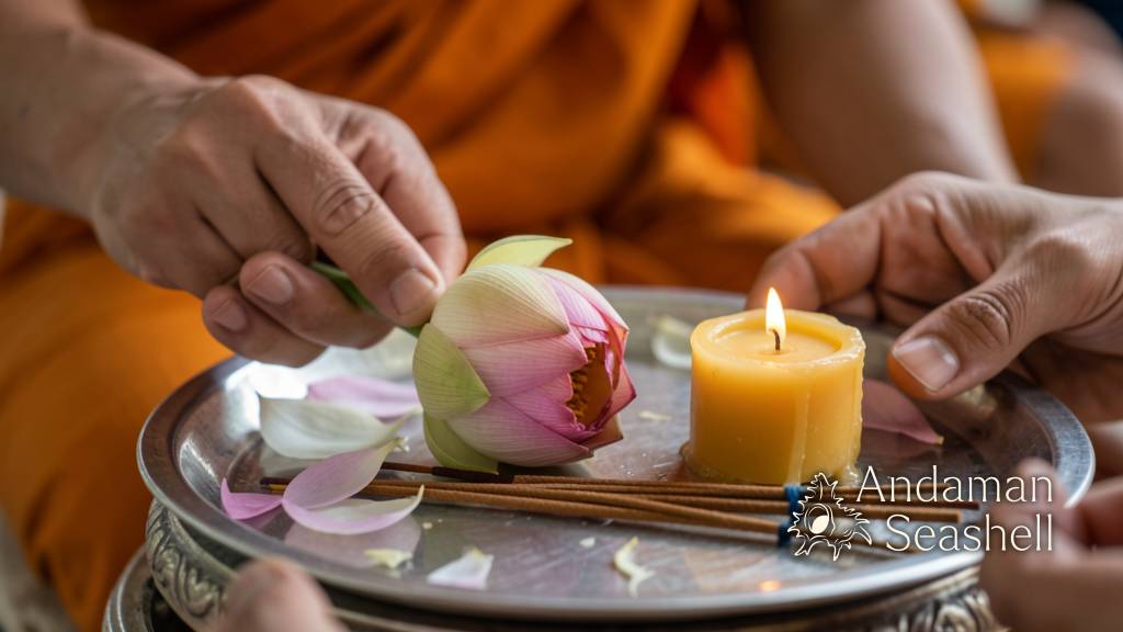 Close-up of hands arranging a lotus bud, incense sticks, and a candle on a silver temple tray
