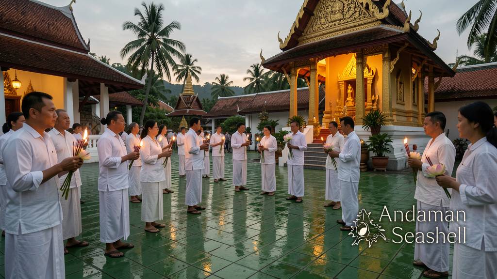 A wide temple courtyard in Phuket at dusk as families prepare candles and lotus flowers