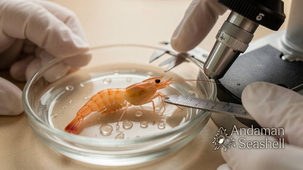 ภาพมาโครของตัวอย่างกุ้งข้างเลนส์ไมโครสโคป