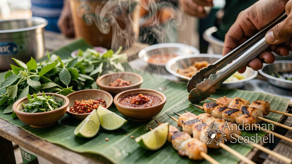 ภาพใกล้ของวัตถุดิบอาหารภูเก็ตบนใบตอง