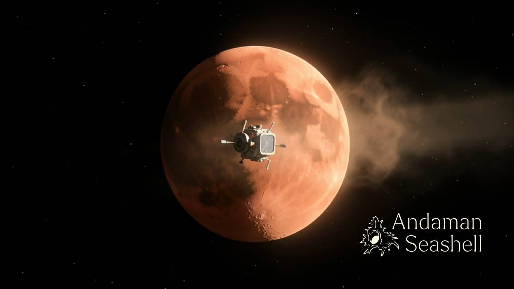 Psyche spacecraft approaching a crescent Mars