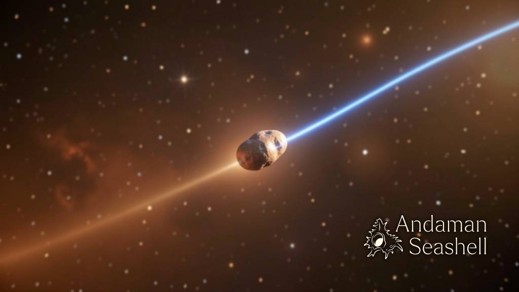 A calm metallic asteroid with a tiny spacecraft approaching