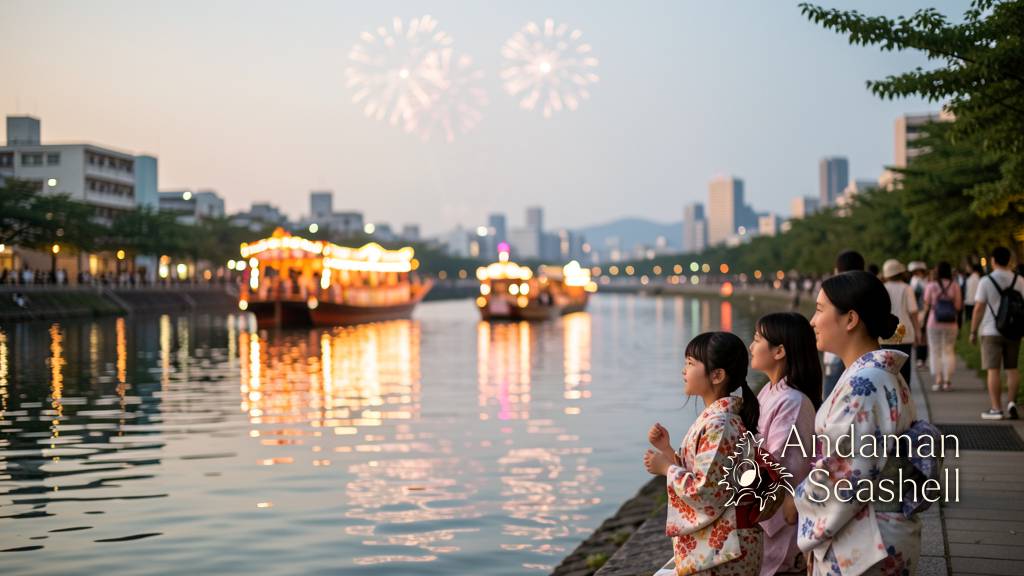 เรือเทศกาลสว่างไสวสะท้อนบนแม่น้ำโอคาวะในยามค่ำ