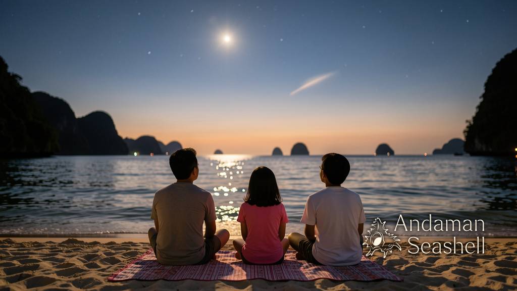A family on the Andaman coast watching a calm starry sky
