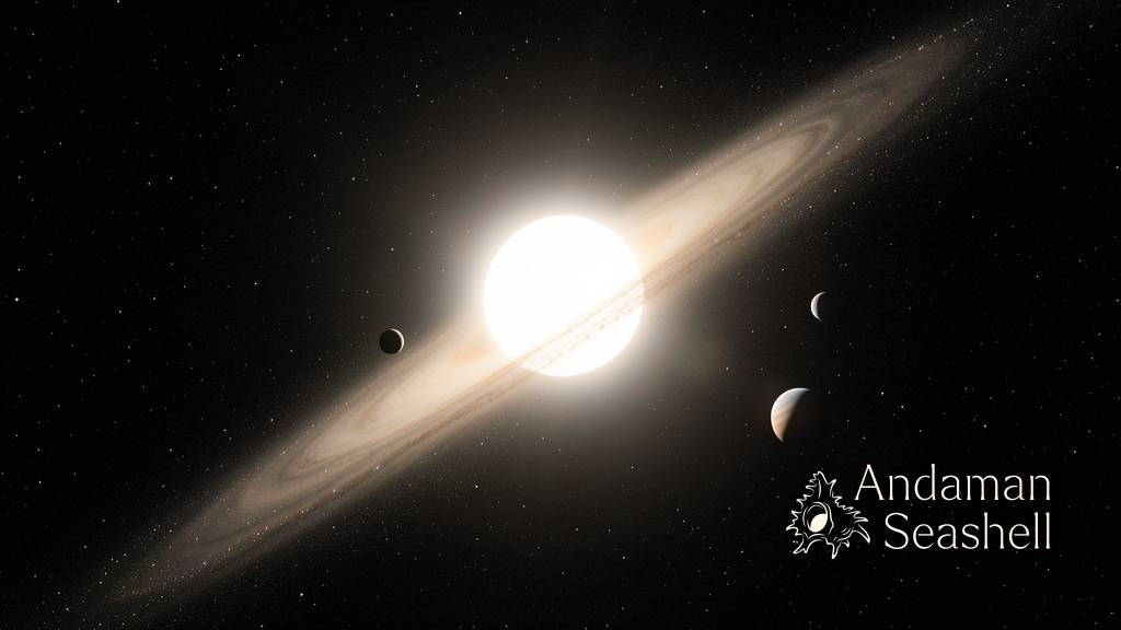 A wide view of a young star system with a dusty disk and three planets