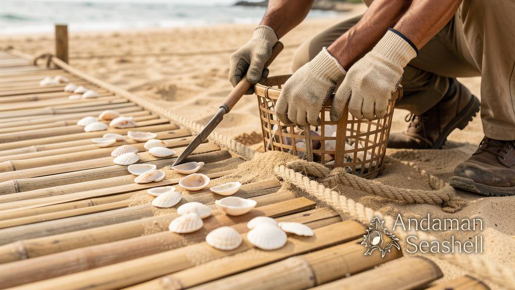 รายละเอียดอุปกรณ์ดูแลชายหาดอย่างประณีตข้างเปลือกหอยและผืนทราย