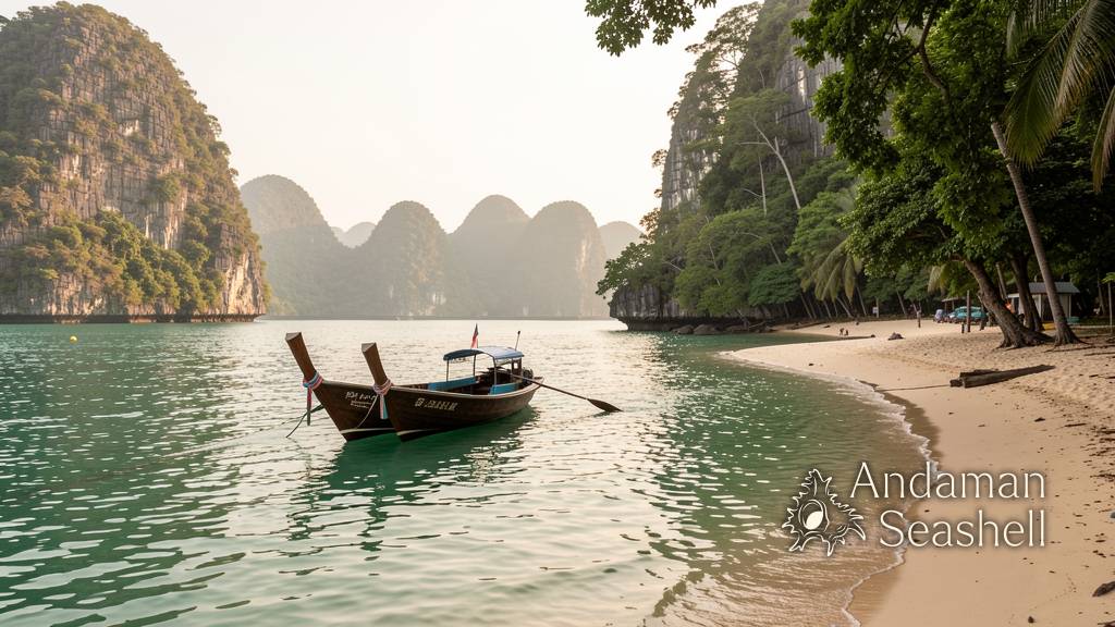 เรือหางยาวแล่นเข้าอ่าวเล็กที่เป็นระเบียบของเกาะละวะใหญ่