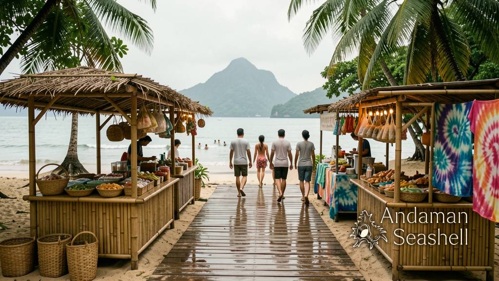 Wide view of a Phang Nga beach festival walkway with craft stalls and families