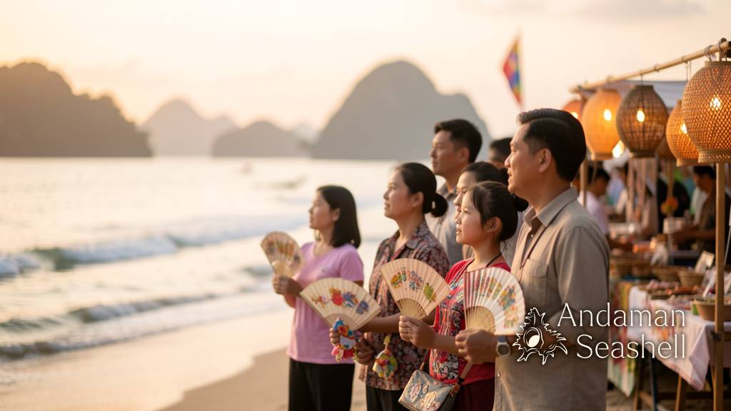 Family holding handmade fans and small souvenirs by the Phang Nga shore