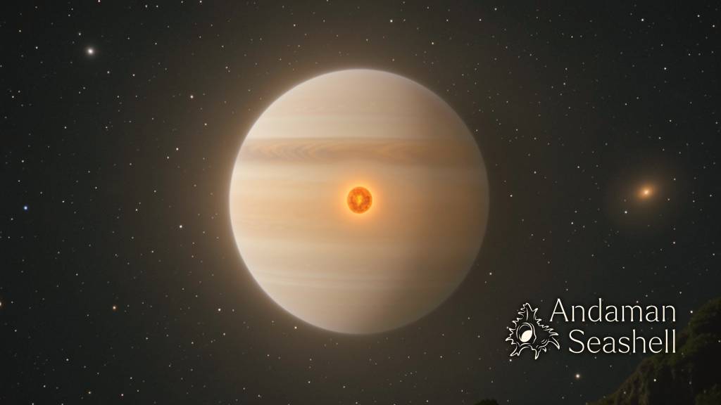 A giant amber exoplanet crossing a tiny glowing white dwarf