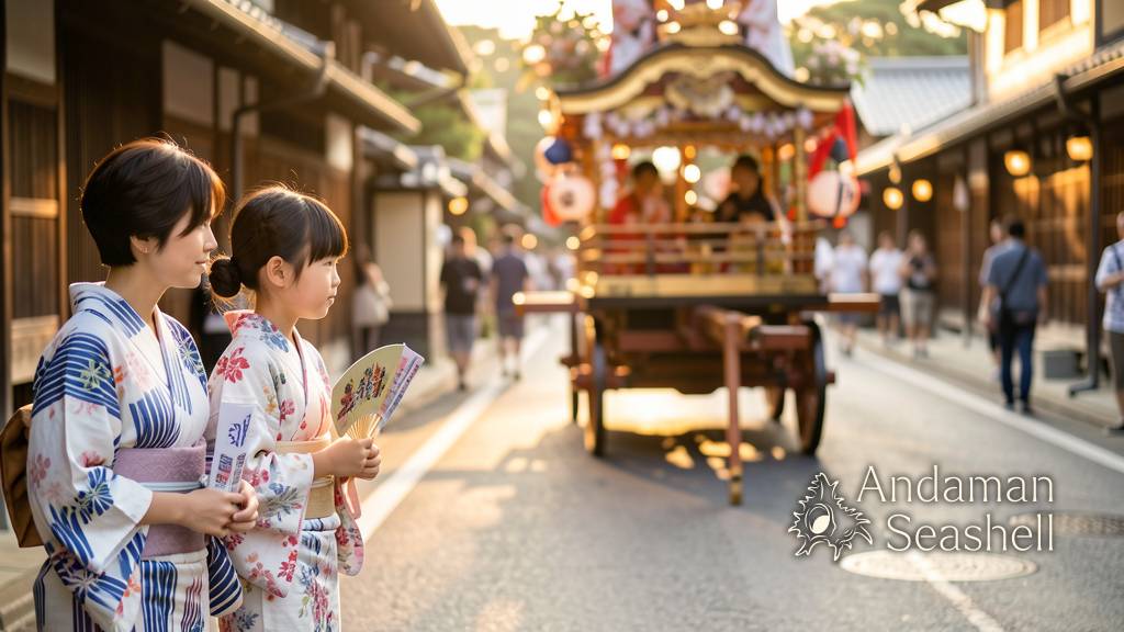 A family watches a yamaboko float recede in warm afternoon light