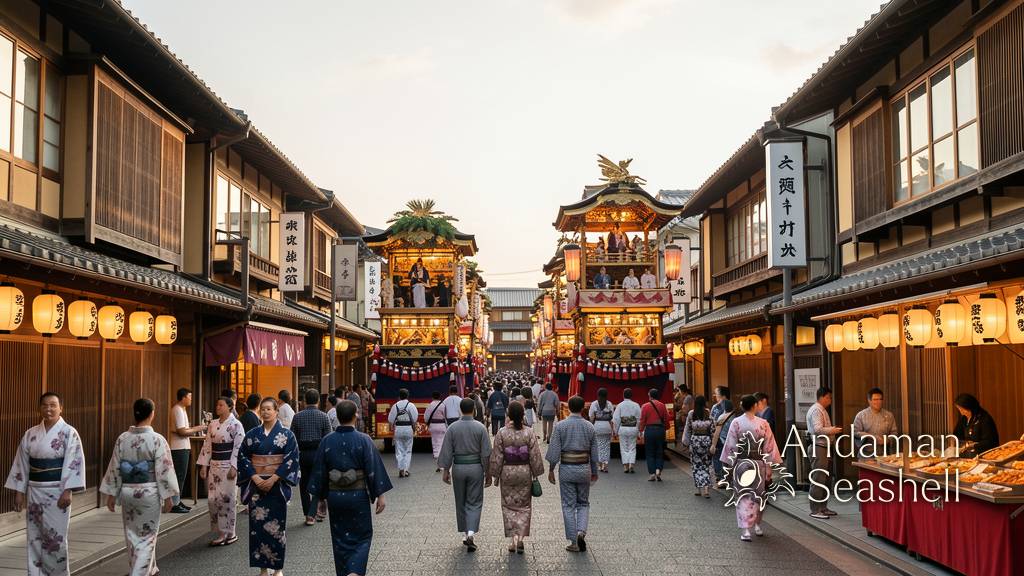A towering yamaboko float moving through Kyoto streets