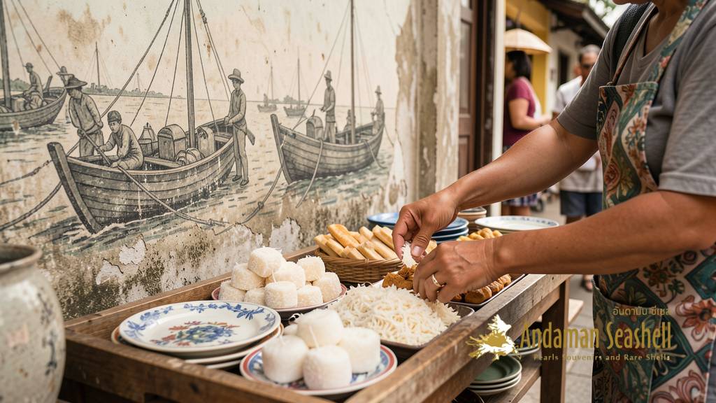 Local snacks arranged beneath a heritage mural in Takua Pa