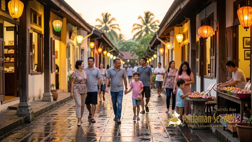 Families on Takua Pa walking street at dusk
