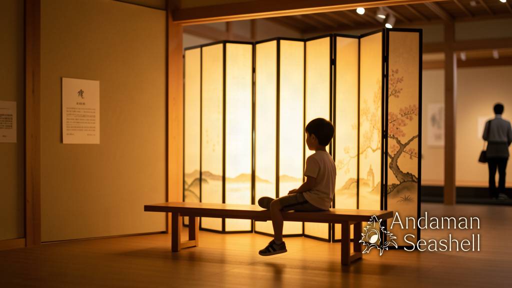 A calm closing museum scene with a visitor seated before a luminous folding screen