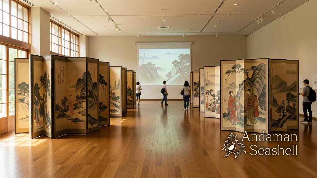 A wide view of the Oita exhibition gallery with folding screens and open space