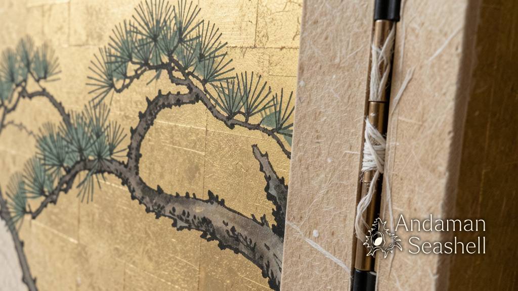 A close-up of gold leaf, pigment texture, and folding-screen craftsmanship