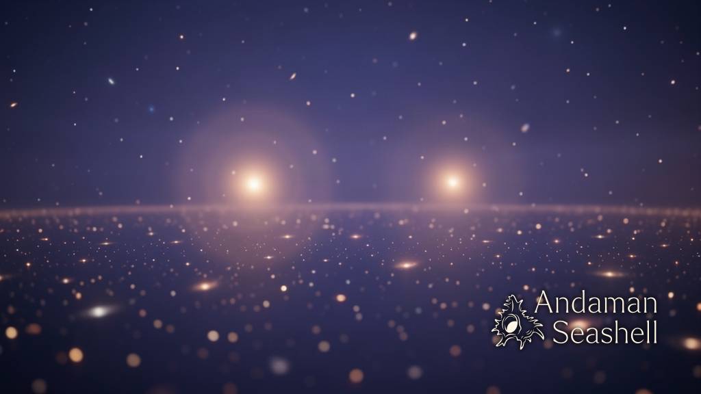Calm cosmic-dawn scene with two faint ancient quasars glowing among early galaxies