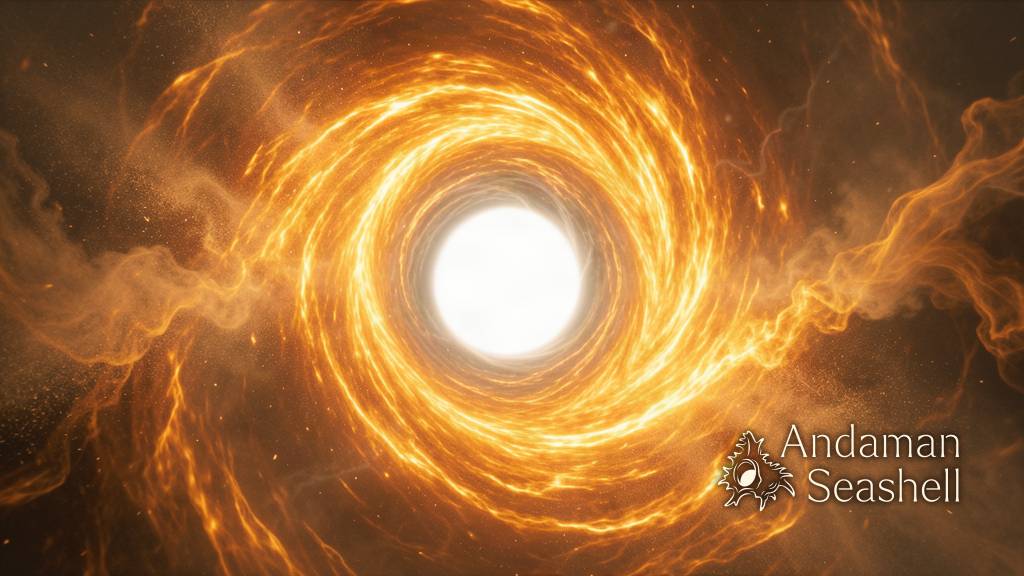 Wide deep-space survey view filled with tiny galaxies and one brighter ancient quasar