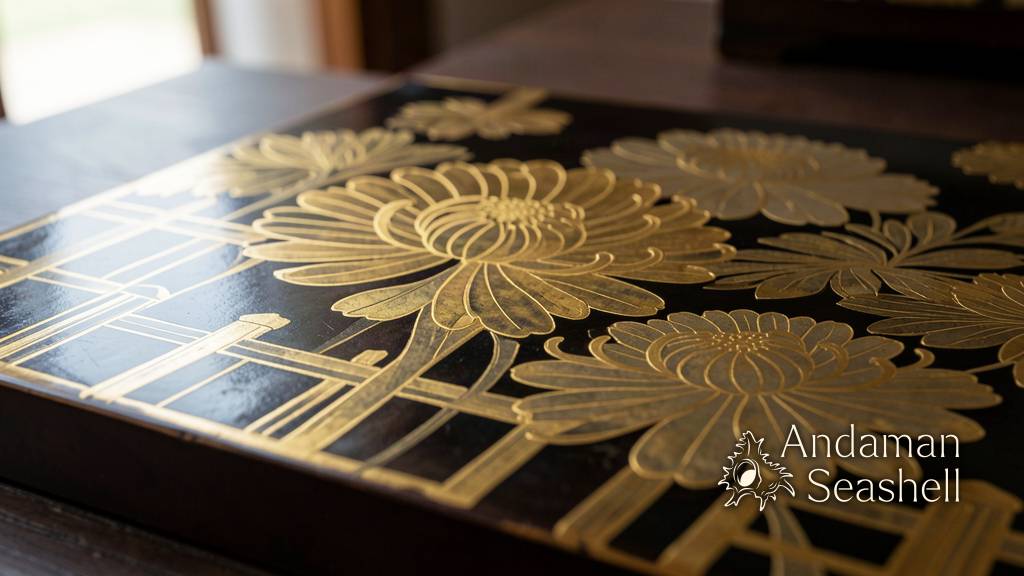 Macro detail of gold maki-e chrysanthemum lacquer surface