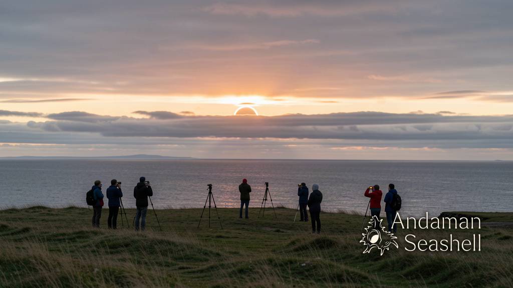 Skywatchers on an Icelandic headland watch the low eclipse Sun over the ocean
