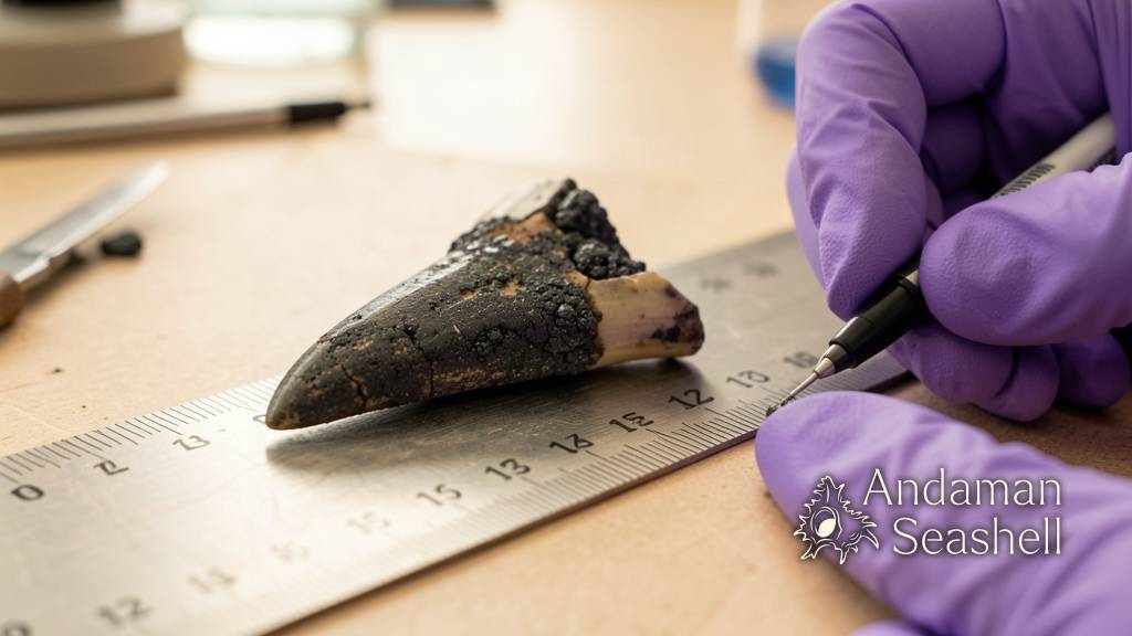 Fossil shark tooth encrusted with minerals beside a ruler on a research table