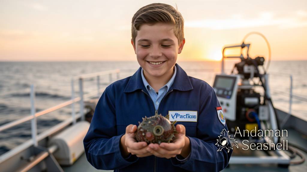 Young Pacific marine scientist holding a deep-sea find on a research ship at sunset