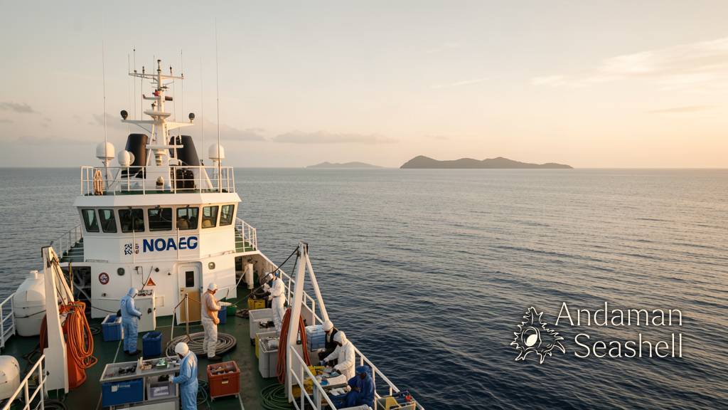 NOAA Ship Okeanos Explorer near the Cook Islands before a deep-sea mission